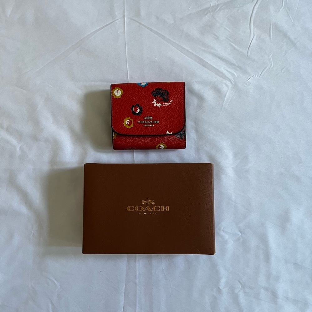 Coach Wild Prairie Wallet Coated Canvas Leather Floral Carmine